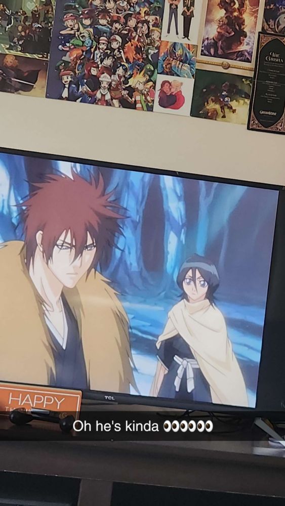 Screencap from Bleach showing the characters Rukia and Ashido. Ashido is an anime-only character and is a soul reaper who was trapped in the hollow world. The caption reads "oh he's kinda" followed by a series of eye emojis. The joke is that Maggie, the poster, thinks he's pretty