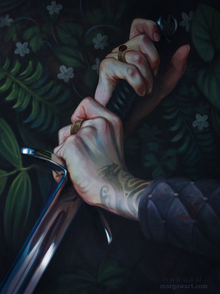 A digital illustration of hands clutching a sword, surrounded by vegetation. One of the hands has a stylized dragon tattoo on the wrist. 