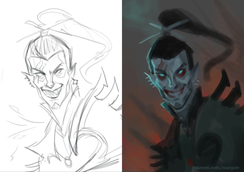 two sketches side by side - one is a rough lineart, the other is colored - of the character Marazhai from Rogue Trader. 