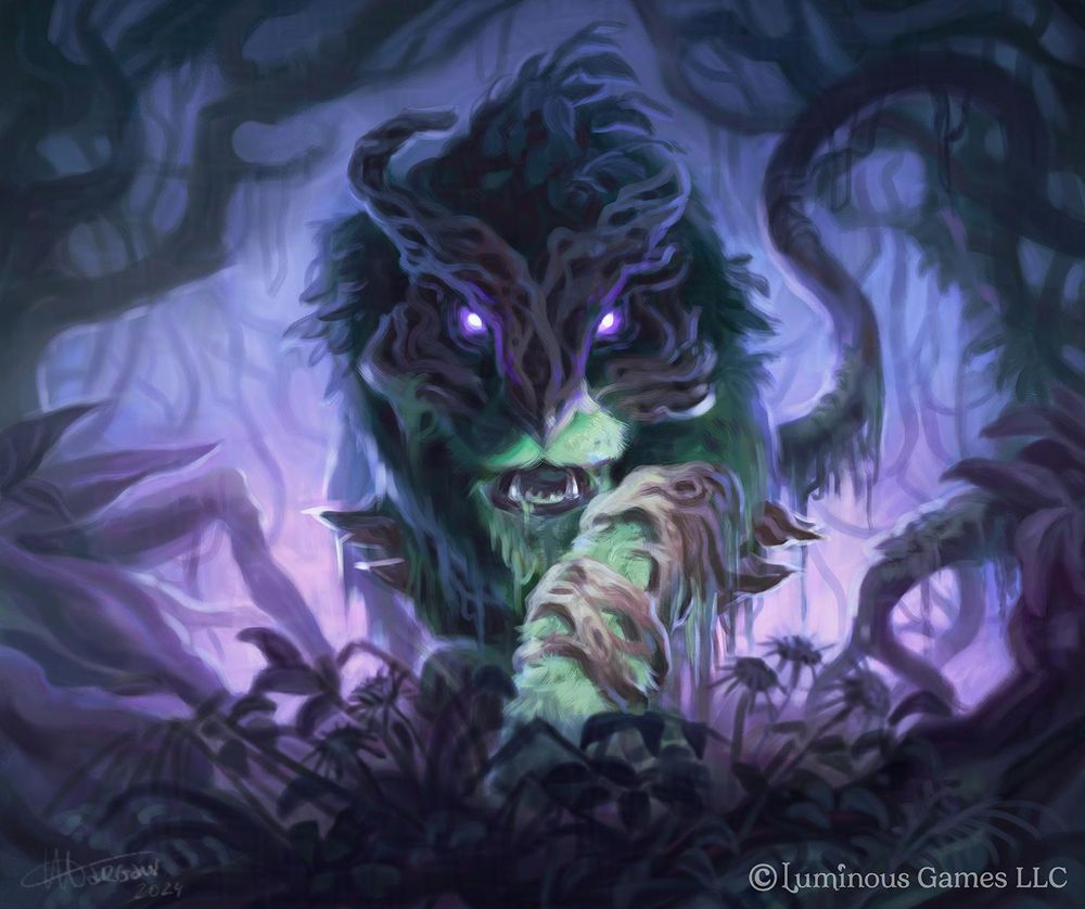 A digital illustration of a feline beast prowling in a dark jungle. The beast's fur looks like moss and bark, and it has leaves and mushrooms growing on top of it. Its purple eyes glow in the darkness. Painted for Luminous Games.