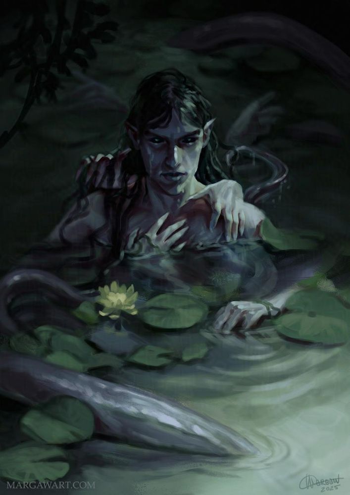 A digital illustration of a merman emerging from dark waters, with a bunch of hands and tentacles creeping over him.