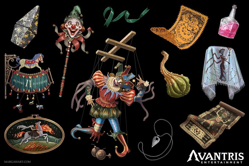 a collage of various items for the folk horror supplement the Crooked Moon by Legends of Avantris. 