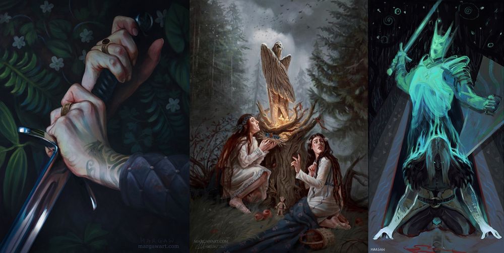 a collage of three digital illustrations : 
1)hands clutching a sword, surrounded by vegetation. One of the hands has a stylized dragon tattoo on the wrist. 
2)two young women in a forest, kneeling before the wood carving of a female figure with bird wings. They've brought various offerings, apples, flowers, a doll made of wheat stalks, candles.
3)A fan art illustration of Anders and Justice from the video game Dragon Age 2, in a loose tarot style. Anders is engulfed in blue flames, trying (and failing) to contain the spirit/demon inside him.