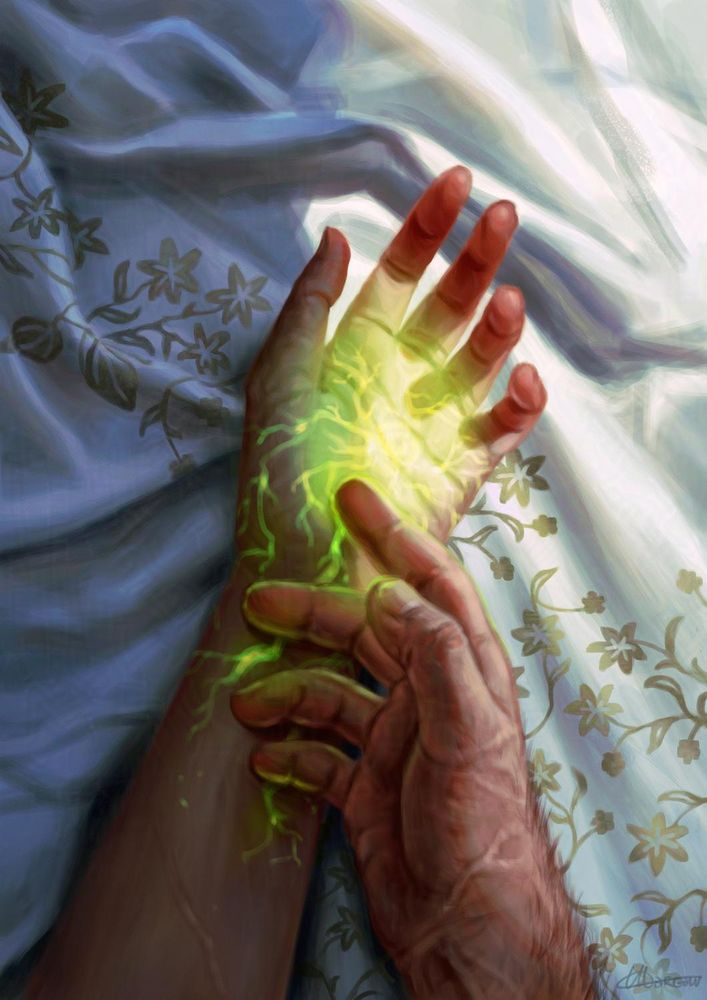 A digital illustration of two hands on bed sheets with tiny floral patterns on them. The Inquisitor's hand is glowing an otherworldly green with the Anchor, a lightning strike pattern starting on her palm and traveling down her hand. Blackwall's hand is tenderly tracing the magical mark on his lover's hand. 