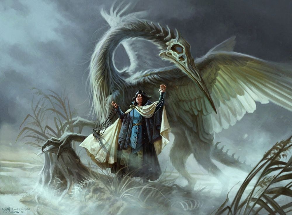 A digital illustration of a character and her skeletal mount, half-heron, half-fox. The character, a priestess of the Guild of Mists, is in the middle of the sacred, pre-hunt rites. She's holding a holy amulet and a smoking censer. They're both in a misty marsh, the skeletal remains of past hunts at their feet. 
