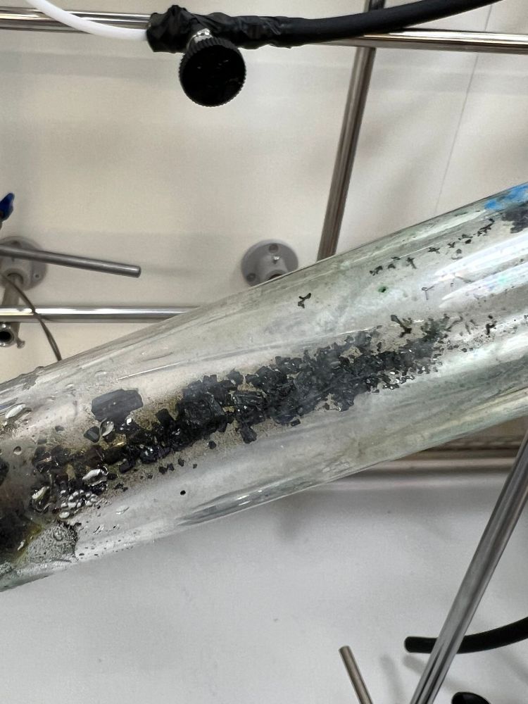 Dark green / black crystals inside a glass tube.