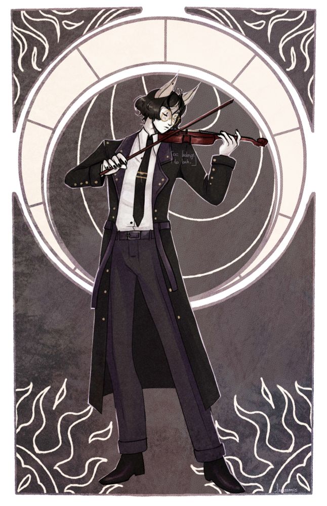 Drawing of a tall woman with cat like features, wearing black and white clothes and playing violin.