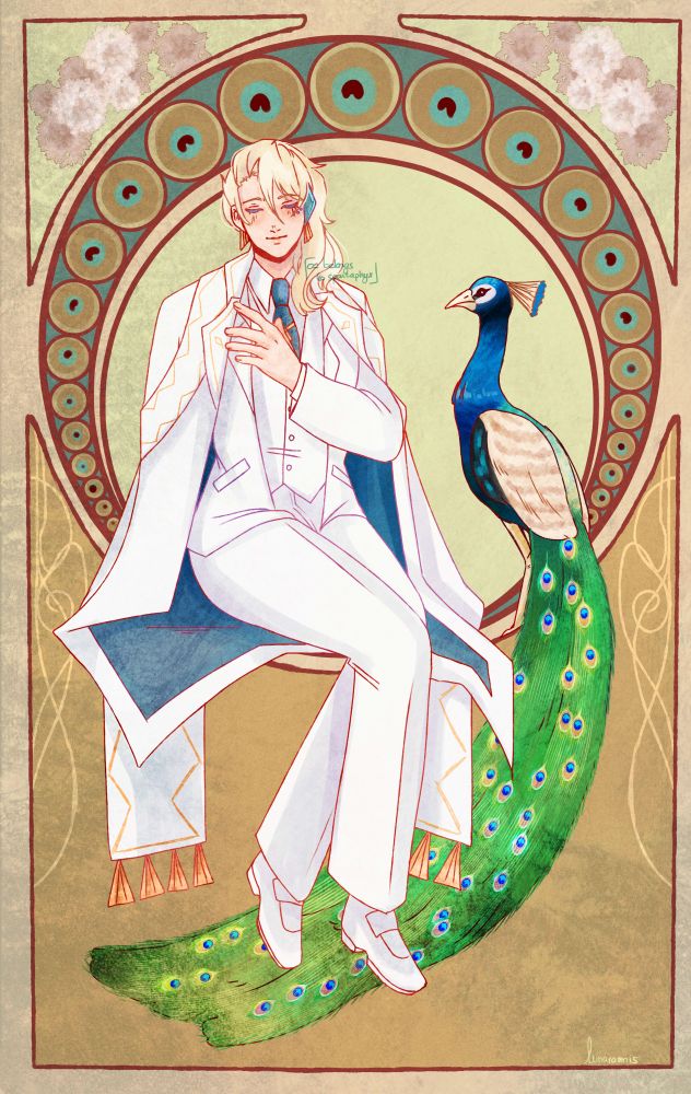 Drawing inspired by mucha of a blond man dressed in white and blue, there's a peacock next to him.
