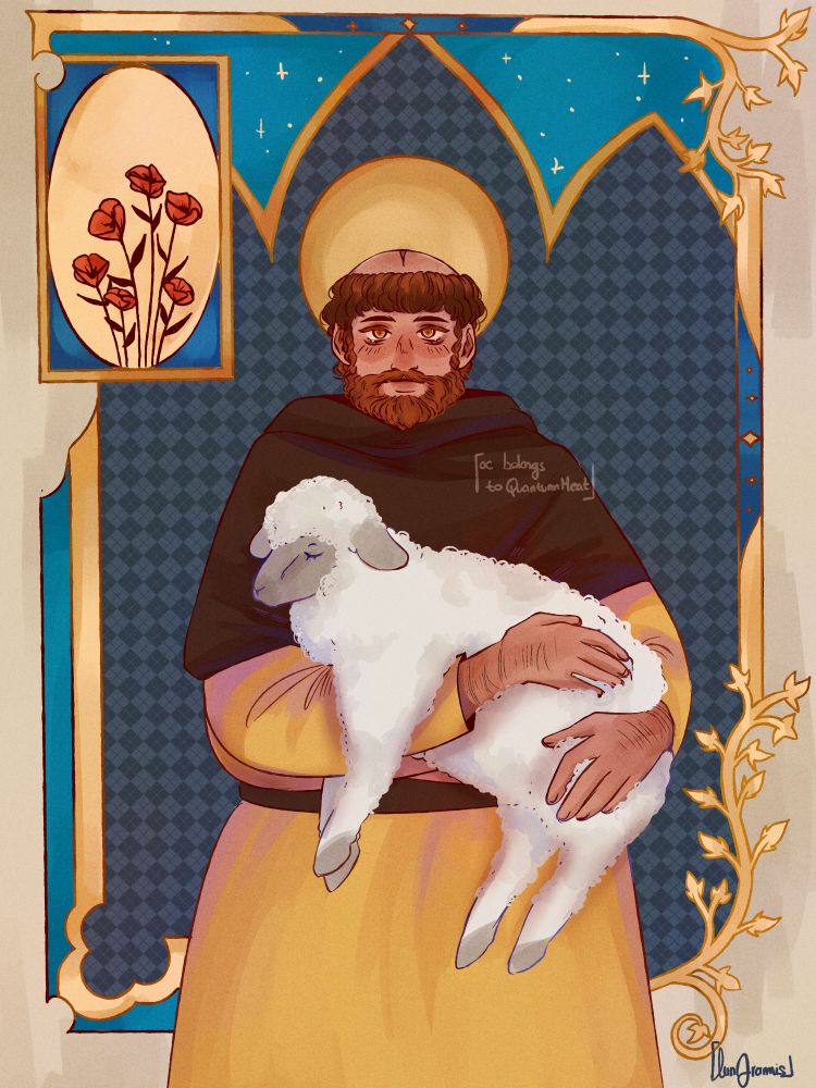 drawing of a monk holding a lamb, the background is inspired by medieval codex with some plants paterns and stars.