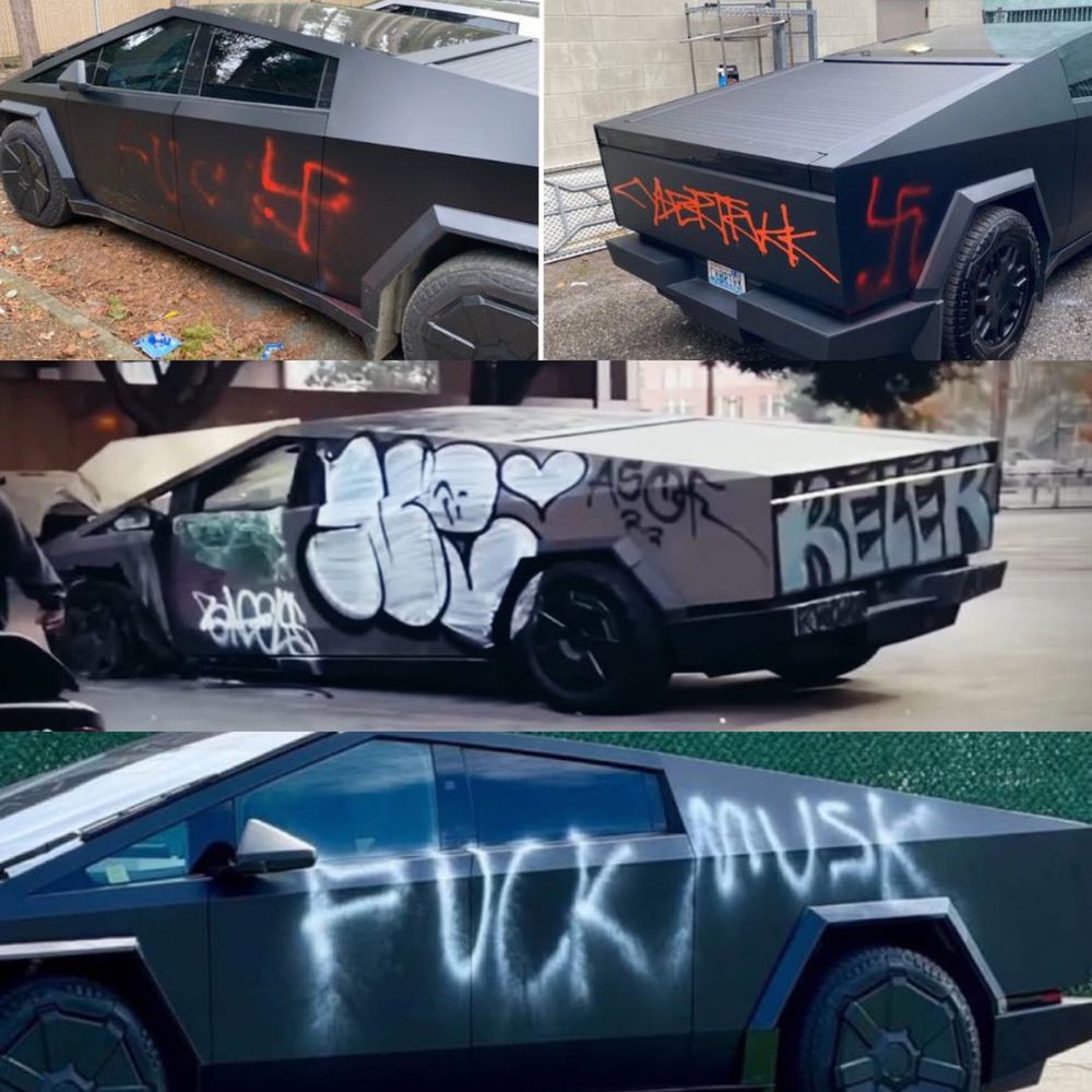Several cybertrucks that have been spray painted with graffiti