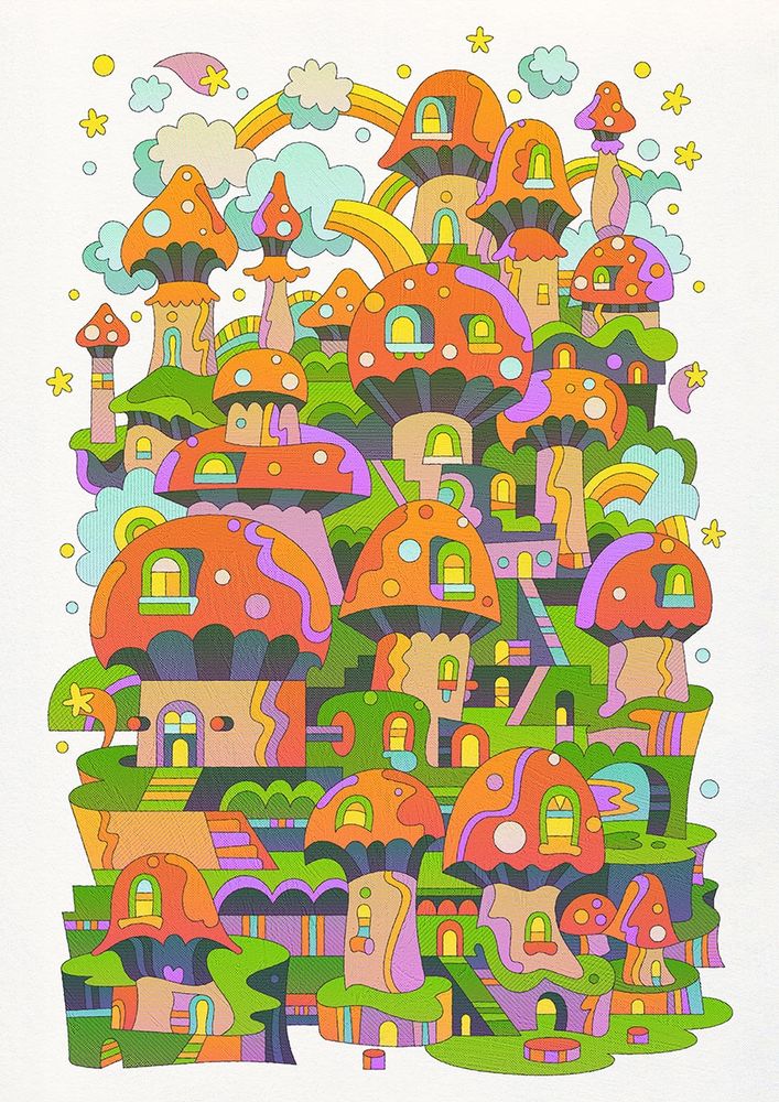 Vector illustration of houses in the shape of mushrooms on a grass terrace hillside with clouds and rainbows