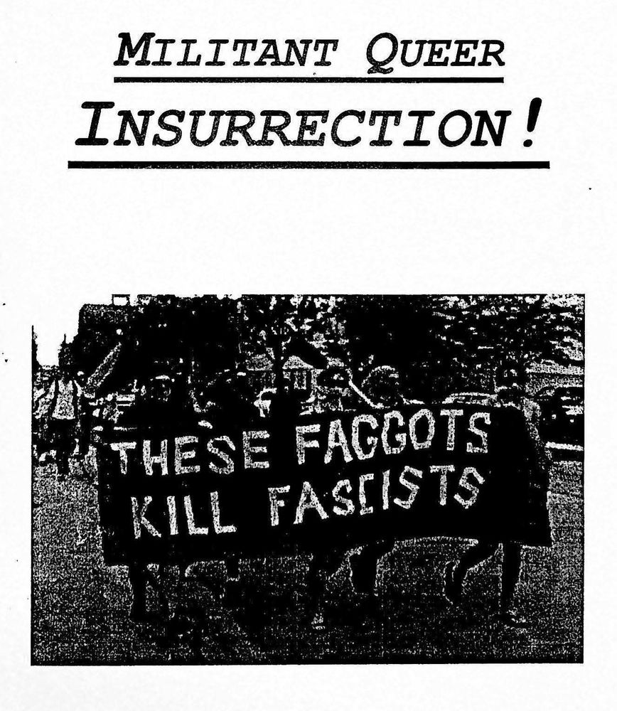 Cover art: Militant Queer Insurrection!, 2010. Photo shows people on a march holding a banner that reads: 'THESE FAGGOTS KILL FASCISTS'