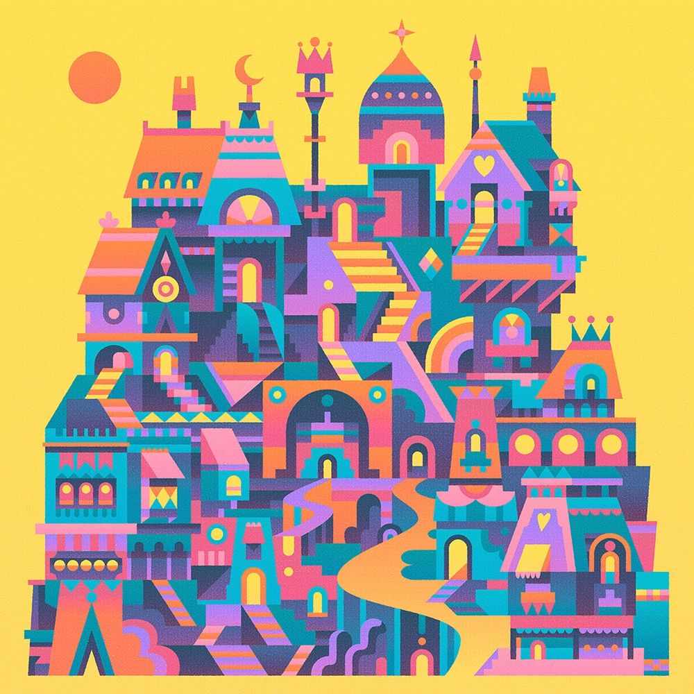 Vector ilustration of a collection of patterned buildings, complete with paths and stairways, predominantly orange, pink, magenta, purple and teal on a yellow background