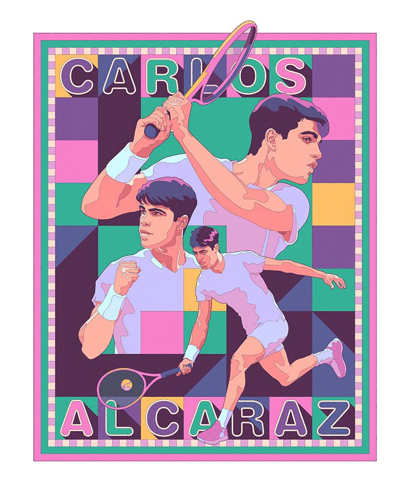 Illustrated poster design showing Carlos Alcaraz in three poses