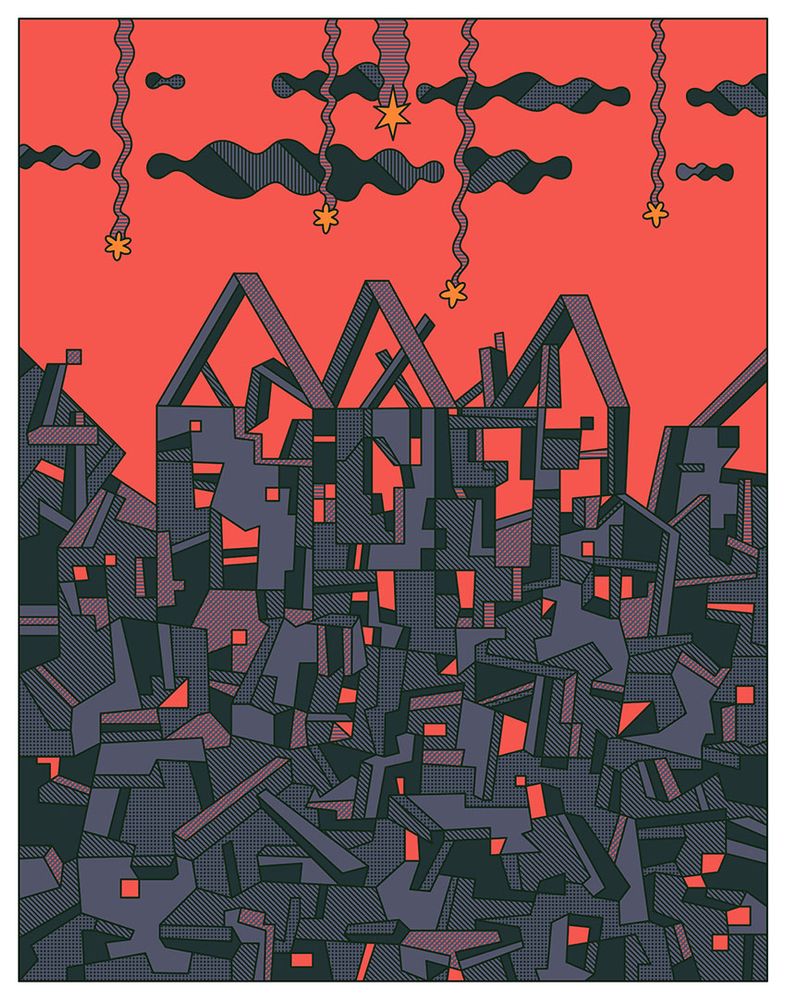 Vector illustration in a limited palette of red and grey tones showing the ruins of buildings, a pile of rubble filling the bottom half the image. Five yellow stars fall from the sky through fragments of clouds