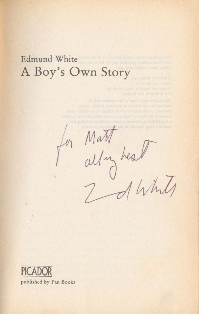 Inside page of A Boy's Own Story signed by Edmund White