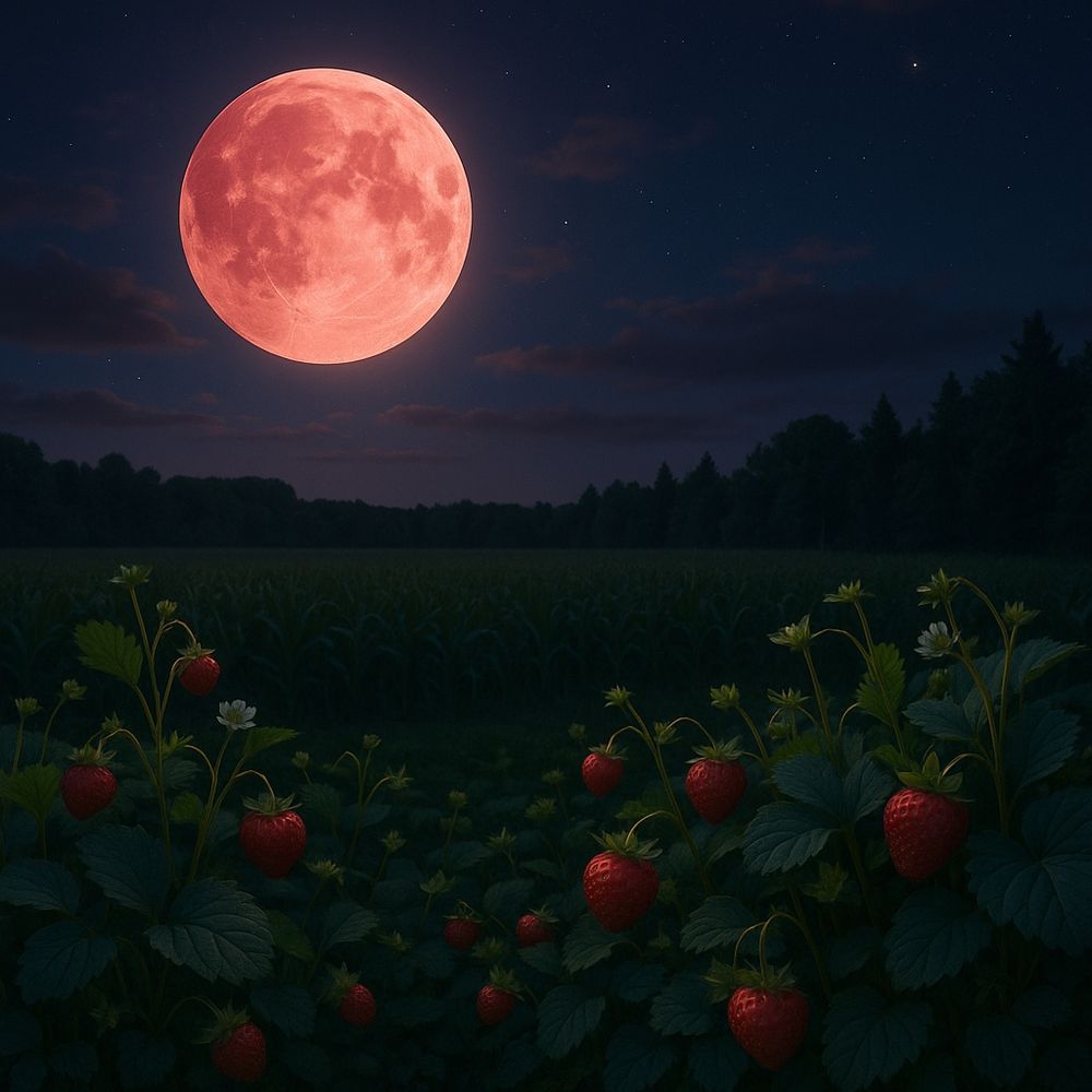Image générée par ChatGPT. Prompt: J'aimerais que tu me génères une image de 1500 x 750 pixels, montrant à l'avant-plan des buissons de fraises sauvages du Québec, à l'arrière-plan, plus flou ou sombre, un paysage de nature typique du Québec (champ de maïs, forêt mixte, etc.). Dans le ciel, une pleine lune très basse, à l'image de la ''Strawberry Moon'' que nous verrons cette nuit (du 10 au 11 juin 2025, dans l'hémisphère nord). L'ambiance doit donc être qu'il fait nuit, mais que la pleine lune éclaire beaucoup. On peut donner à la lune une teinte rappelant la couleurs des fraises du Québec. On peut voir des nuages dans le ciel également, puis des étoiles, dont Antares, une étoile brillante à 550 années-lumière des années-lumière, dans la constellation Scorpius, que l'on devrait voir en haut, à droite de la lune.