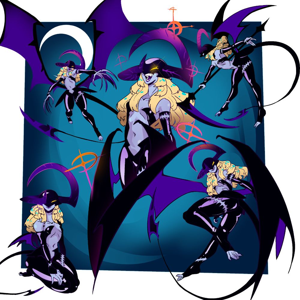 A demon woman with shapeshifting wings and large asymmetrical horns in various poses, she wear a skin tight black outfit similar to leather or latex.