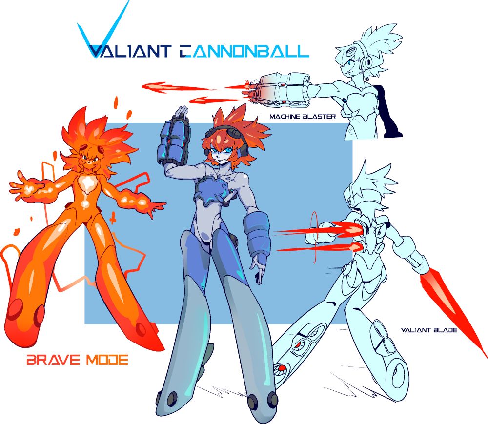 The image shows a sheet of the robot character with red hair, Valiant Cannonball, in various poses, using a couple of weapons, including a machine gun, and a blade, as well as a powered up state in which they glow.