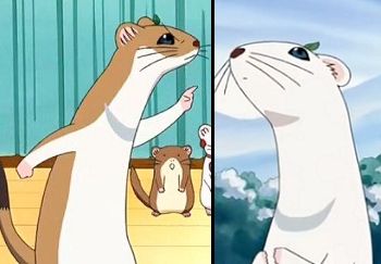 Anime Stoat in summer coat and next to it in winter coat 