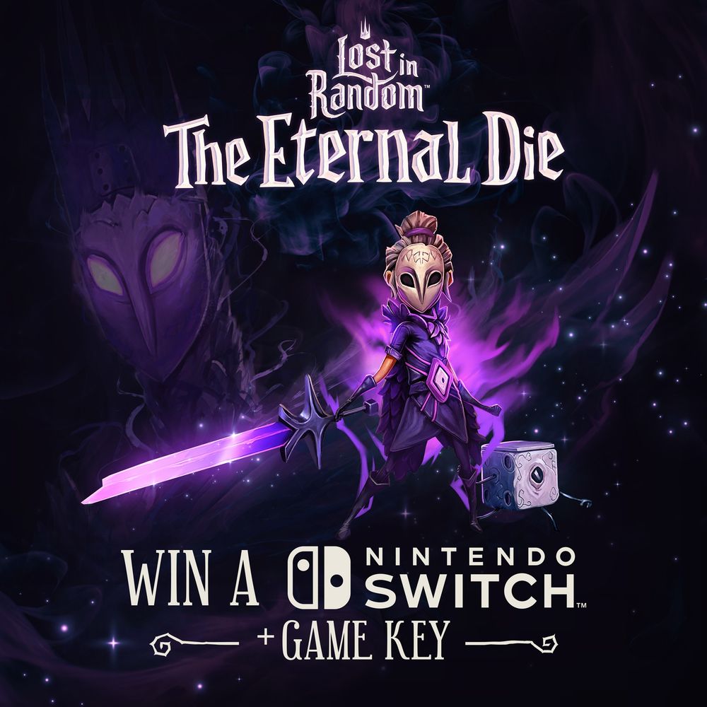 Dark purple background with magical sparkles and characters from the game Lost In Random: The Eternal Die. The text reads: Lost In Random The Eternal Die. Win a Nintendo Switch and Game Key
