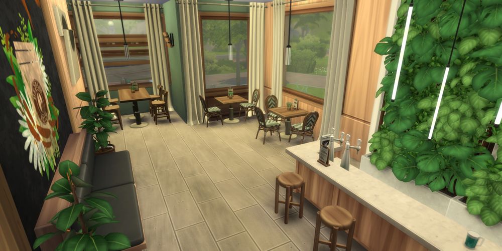 a screenshot of the sims 4, showing an interior of a restaurant, there are lots of plants, a blackboard with chalk art, with a bar and various spots to sit and eat.