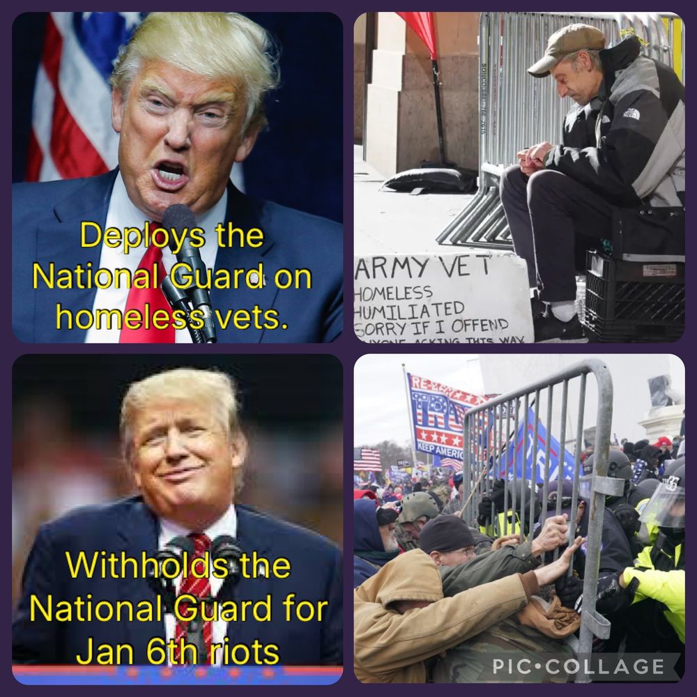 (1) A photo of an angered Trump, subtitled "Deploys the National Guard on homeless vets." (2) A photo of a homeless vet. (3) A photo of Trump nonchalant, subtitled "Withholds the National guard for Jan 6th riots." (4) A photo of Jan 6th rioters storming the capitol.