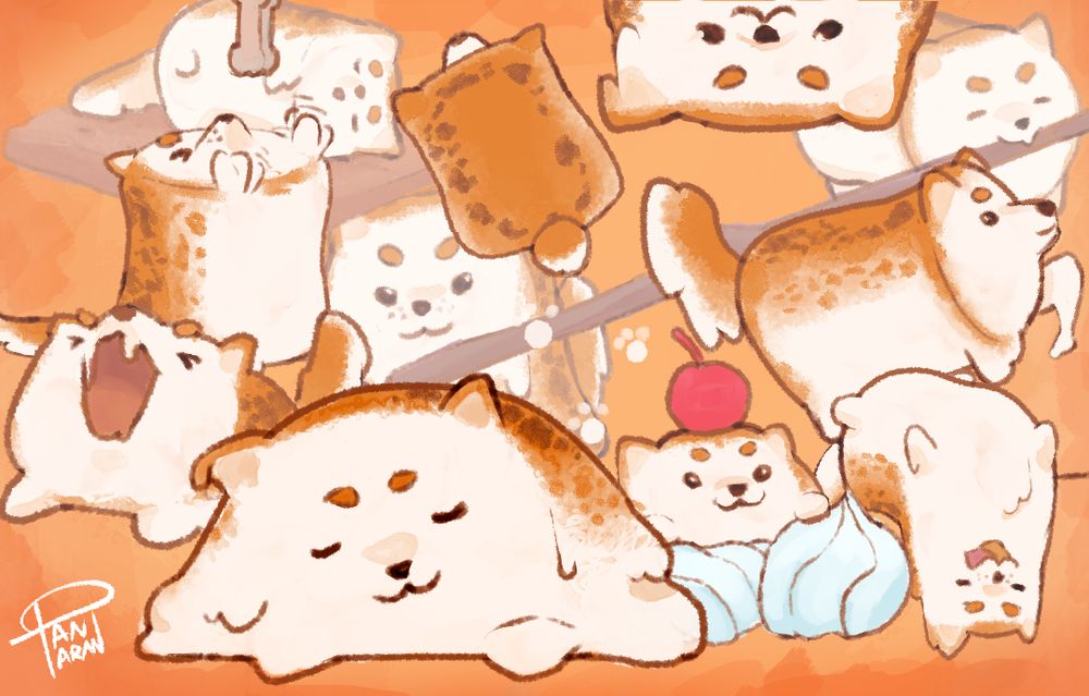 a collection of drawings of a shiba inu made of marshamallow, sleeping, playing, becoming goopy when stretching or laying down, or peeking out from behind whipped cream with a cherry on their head. They have a lightly burnt appearance, mirroring the fur pattern of a shiba inu