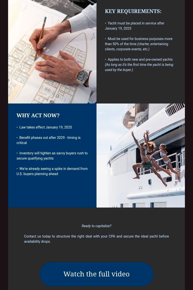 Screenshot of email telling millionares how to afford taxes on yacht purchases