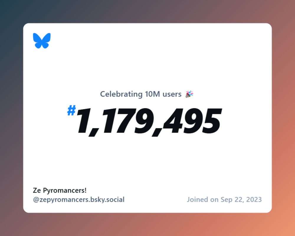 A virtual certificate with text "Celebrating 10M users on Bluesky, #1,179,495, Ze Pyromancers! ‪@zepyromancers.bsky.social‬, joined on Sep 22, 2023"