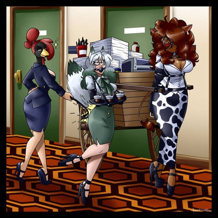 Chicken head lady in a blue office lady attire is using a crop to spank the wolf girl. The wolf girl in green office attire is bound using a boxtie armbinder, locking ballet boots, and ballgagged. The wolf girl is carrying a tray of coffee cups strapped to her since her arms are bound. Cow girl in cow print office attire is pulling a cart with supplies. She is bound with an armbinder, hobbleskirt, locking heels, and a harness ballgag.