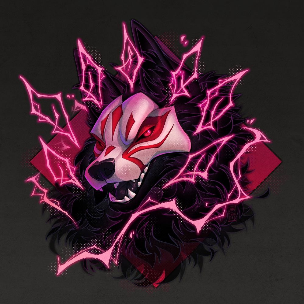 Portrait of a shadowy black canine wearing a kitsune mask. Arcs of pink lightning shaped like stylized eyes frame the face.