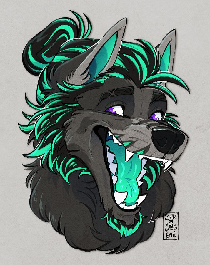 Drawn portrait of a furry wolf with dark gray fur and neon blue-green streaks in its hair