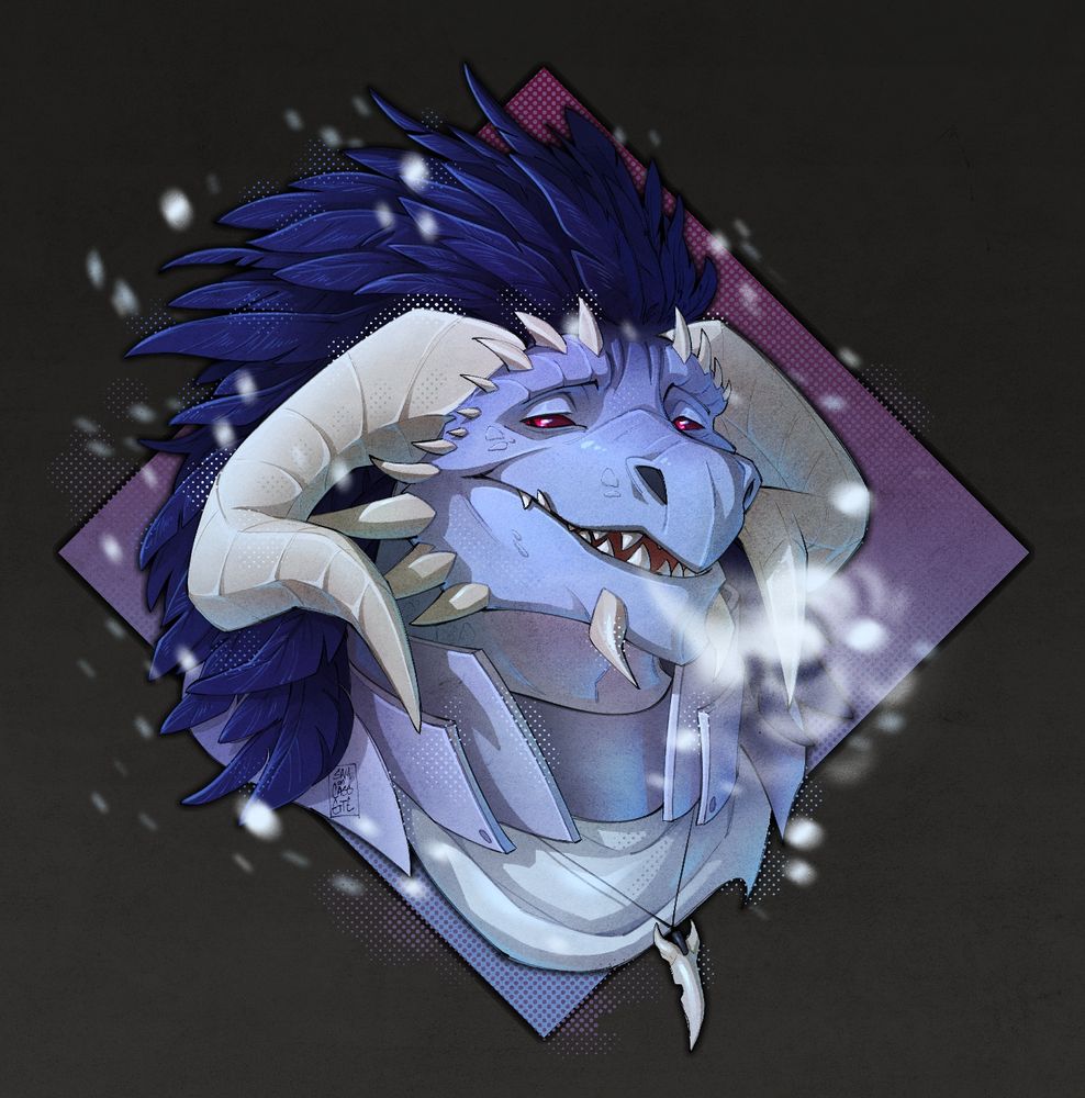 Portrait of a light blue dragon with a plume of deep blue feathers. There is a bit of snowfall around him, and a puff of steam coming from his mouth
