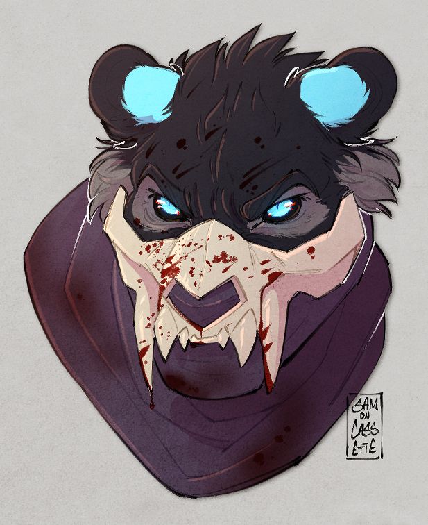 Drawn portrait of a black tiger furry with bright blue spots on the ears and bright blue eyes. The tiger is wearing a skull-like mask and has an angry expression. There is a light blood spatter on its face.