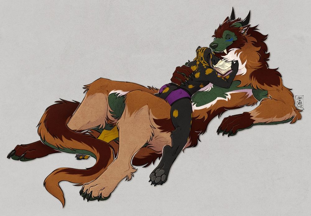 Drawing of a fluffy green and brown dragon/werewolf hybrid furry lounging on his back with a black and yellow dalmation furry laying on his stomach while reading a book