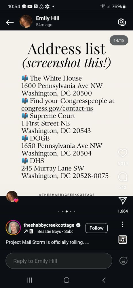 The White House 
1600 Pennsylvania Ave NW 
Washington, DC 20500

Supreme Court 
1 First Street NE
Washington, D.C. 20543

DOGE 
1650 Pennsylvania Ave NW 
Washington, DC 20504

DHS 
245 Murray Lane SW
Washington, DC 20528-0075
