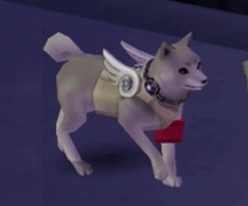 a white dog wearing headphones and wings is walking