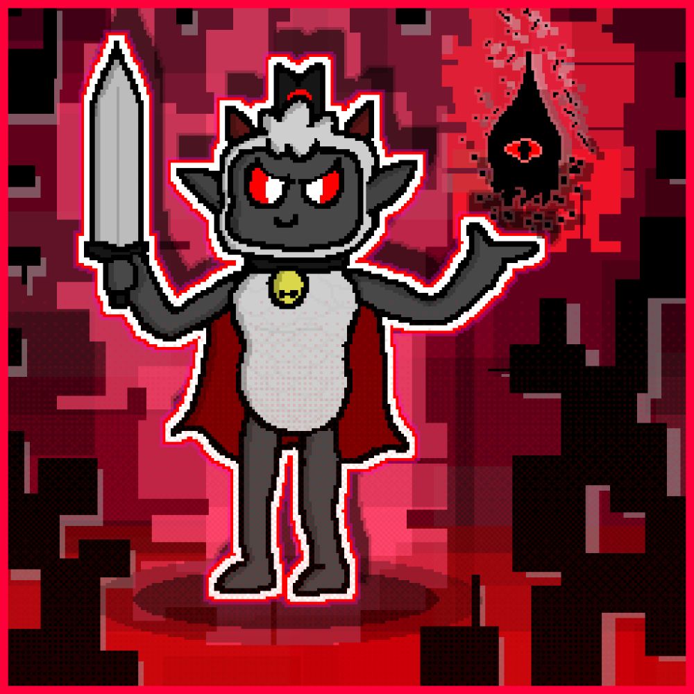 A pixelated art of an anthropomorphic sheep from the game Cult of the Lamb. They wear a black fez with a red eye on it, the wield a generic sword. They wear a dark red cape, and a yellow bell hanging from the neck. A black entity with a single red eye, looking like a sort of a wisp, is coming out of their right palm. Looking generally evil, yet silly.