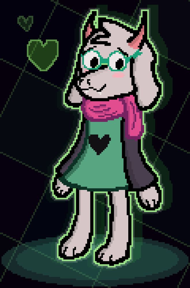 Pixelated art peace of a character Ralsei from the game DELTARUNE. A white anthropomorphic goat in a green cloak with a black heart in the middle, pink scarf, and green round glasses. They are on the dark purple background with slight green elements.