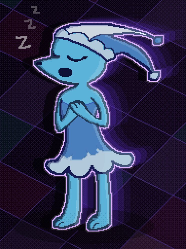 Pixelated art piece of a an enemy from deltarune called Mizzle. She's a light blue water spirit with a long snout, wearing a slightly darker dress, and a blue-white hat with pon pons similar to a jester hat. She's holding both hands on her chest with her eyes closed. Sleeping Z particles are coming out.