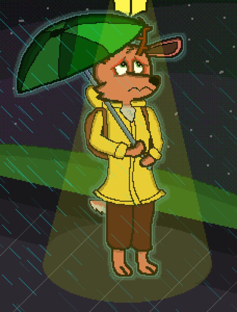 Pixelated art piece of a deer Harvey in a yellow raincoat, holding a green umbrella. Looking sad into the raining sky under the light of a lamppost. A cyan glow radiating from him, representing his ghost boyfriend Solas near him.