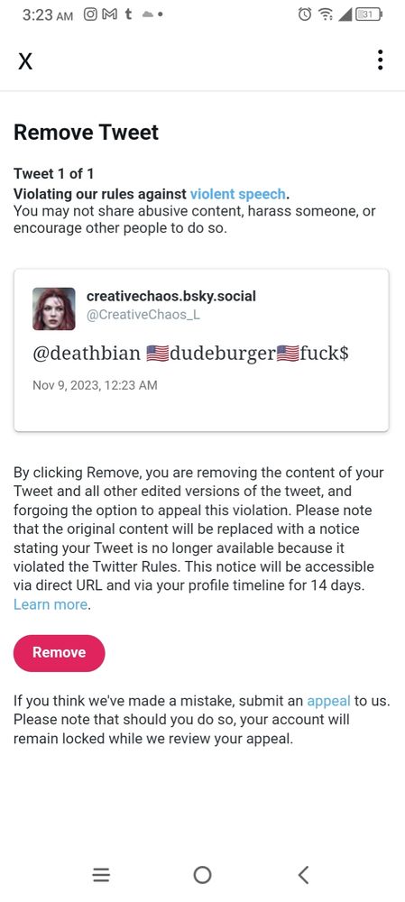 A screenshot of me getting temporarily silenced on Twitter for posting "dudeburger fuck$"
