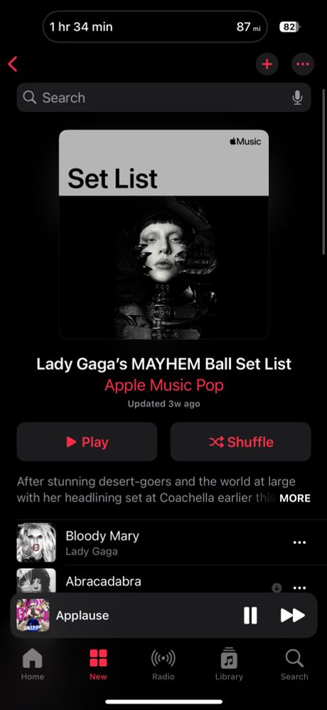 Screenshot of Apple Music playlist. “Lady Gaga’s mayhem ball”