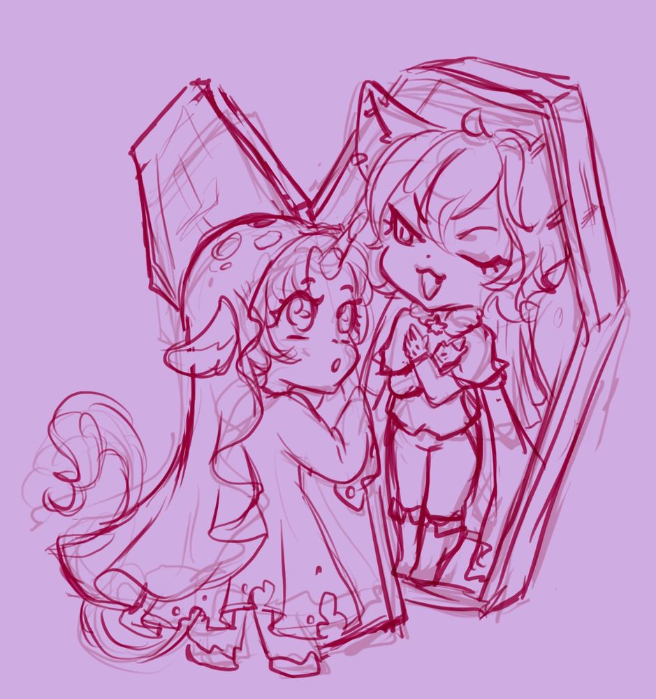 Rascunho da minha OC Licole, fantasiada de fantasma, abrindo um caixão. Dentro do caixão está meu OC Jeramy, fantasiado de vampiro.