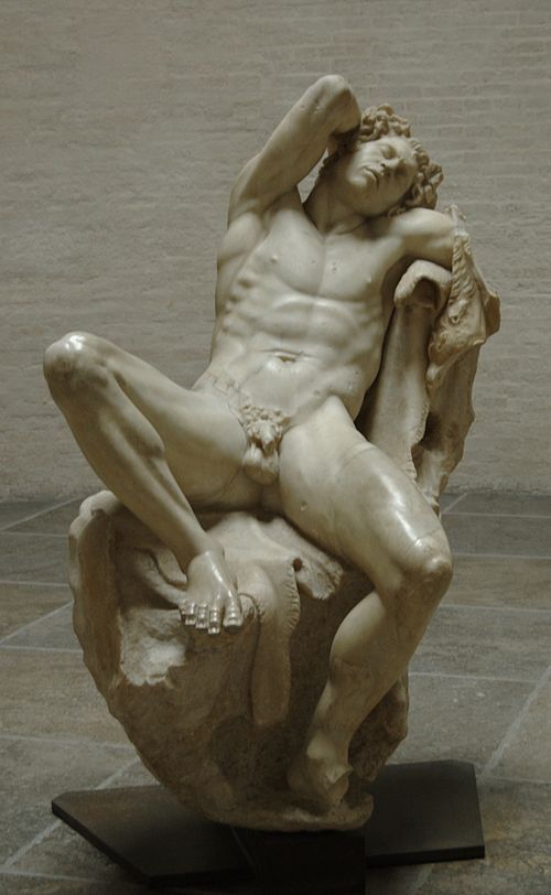 a well-built young man in such a provocatively erotic, lascivious pose can only be a satyr. Exhausted by dancing and drinking he has sunk down on a rock over which he had first placed his “garment”, a panther skin. 