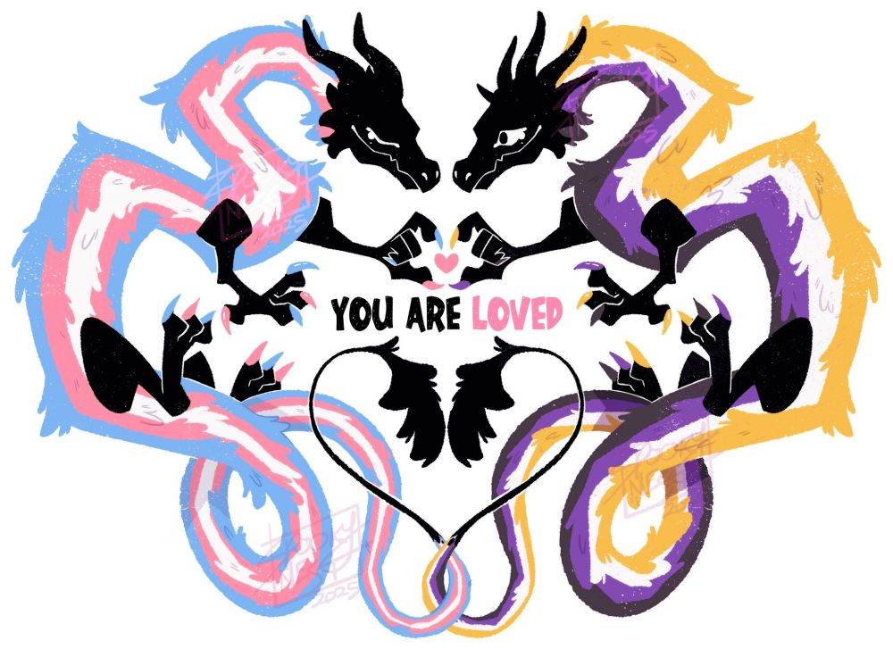 Art by Spookynest on Tumblr that is two dragons making a heart shape with their front paw together and inside that is a small heart. The dragon on the left is in the trans flag colours and the dragon on the right is in the nonbinary flag colours and their tails are wrapped around each other.