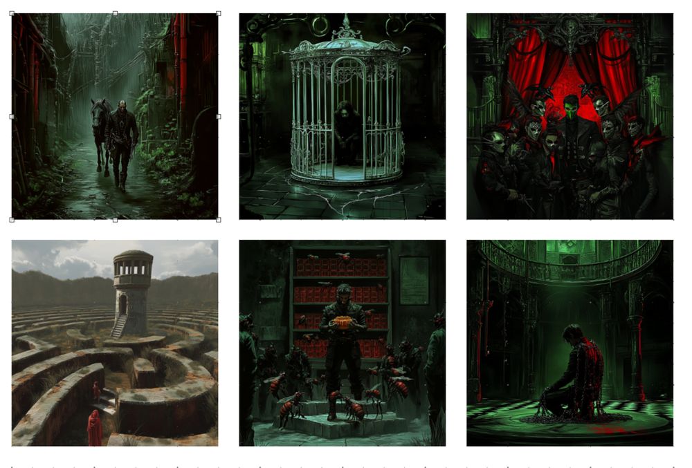 Six images générées par IA, de style gothique :
Image 1 : L'homme et la Tranchée
Un homme menant un cheval, marche vers une tranchée sous une pluie grise.
Image 2 : La Cage de l'Architecte
Un homme replié dans une cage blanche, baroque, dans une salle de pierre.
Image 3 : LE Bal des Masques
Des Maîtres masqués devant un rideau rouge, dans une mise en scène grotesque.
Image 4 : Le Labyrinthe des Passions
Vue aérienne d’un labyrinthe, avec une tour centrale et des enfants en robe rouge.
Image 5 : L’Essaim Obéissant
Un homme donne du miel, des abeilles autour, des rayons d’archives derrière lui.
Image 6 : Le Trône Vide
Un homme seul, couvert de chaîne, à genoux sur un damier, dans une salle gothique vide et verte.