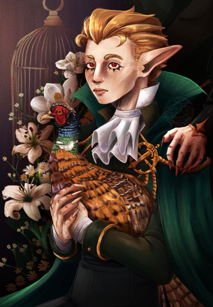 Portrait of Shilo Bathroy from Just Roll With It: The Suckening, meant to mimic traditional royal portraits. He's holding a colorful pheasant, with flowers emerging behind him (white lilies, magnolias, daisies, and baby's breath). His mother's hand is resting on his shoulder. A birdcage is faintly illuminated in the background.