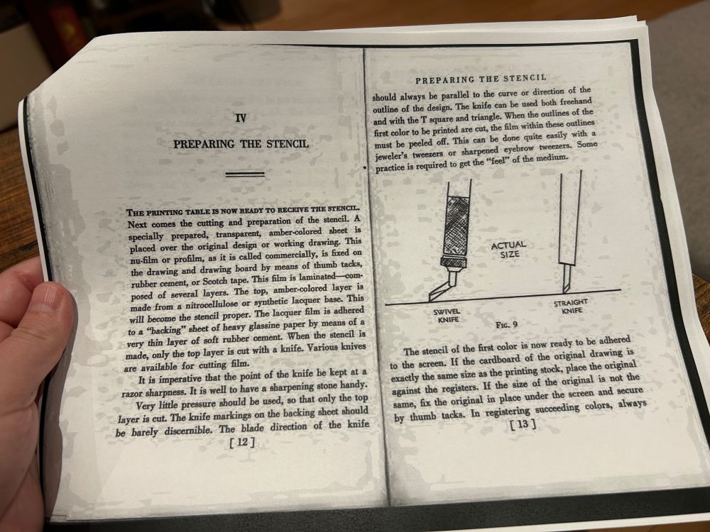 A spread from later in the same pamphlet, with the chapter title “IV: Preparing the stencil”. Along with instructive text, there is a drawing of a swivel knife and a straight knife used to cut stencils.